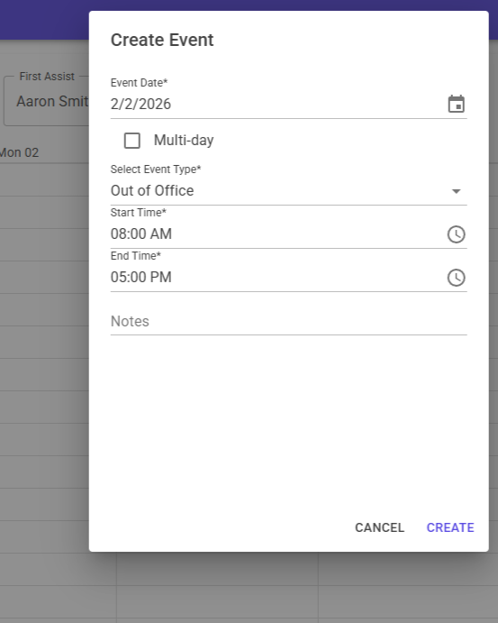 Create event dialog.