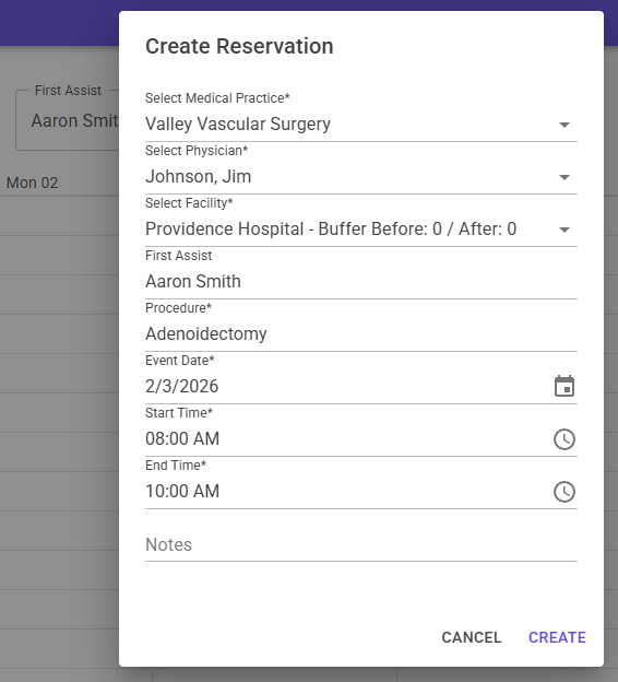 Create reservation dialog.